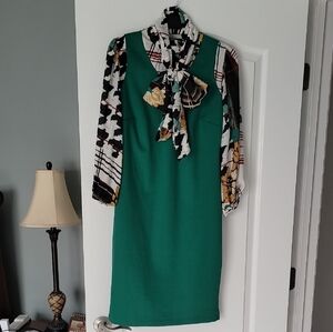 New York & Company Green Dress with Patterned Sleeves